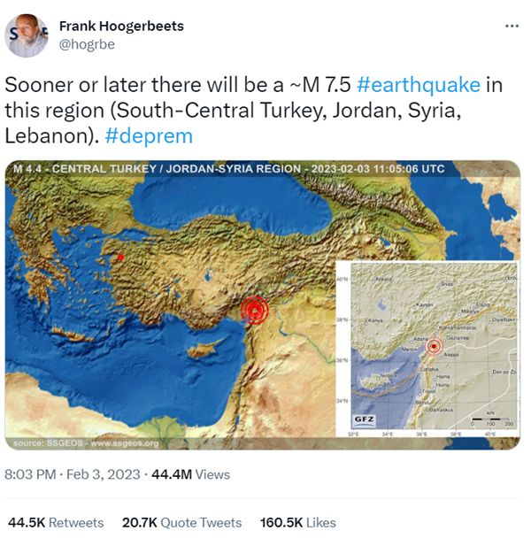 ▲▼地質愛好者胡格畢茨（Frank Hoogerbeets）2月3日推文「預言」土耳其強震。（圖／翻攝推特）