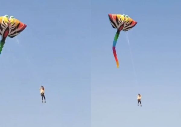 ▲▼放巨型風箏太晚鬆手　他被「帶上空中」越飛越高。（圖／翻攝微博）