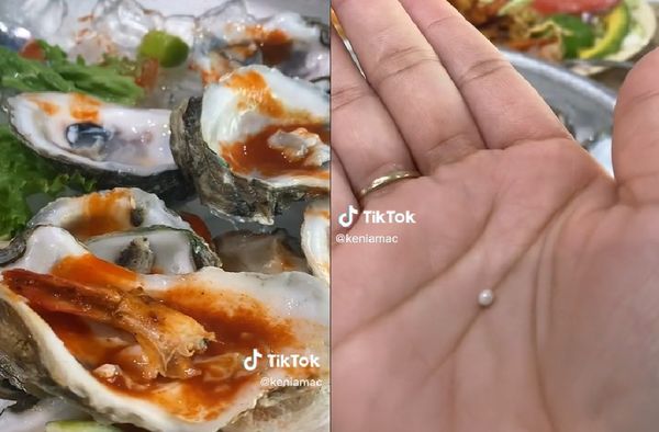 和男友約會意外中「海鮮樂透」　牡蠣中發現珍珠嗨爆：價值上萬元。（圖／翻攝自TikTok／keniamac）