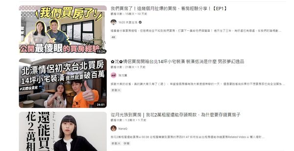 ▲▼在YouTube上以「買房」等關鍵字搜尋，約能找到45組網紅做過相同題材影片。（圖／翻攝自YouTube）