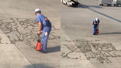沖繩班機延誤！員工用水管「地上畫2隻石獅致歉」　超猛畫技讓乘客鼓掌原諒