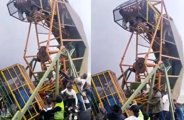 海盜船突然「脫離底座」瞬間倒塌 遊客驚嚇受困高空9人送傷。(圖/翻攝自YouTube)