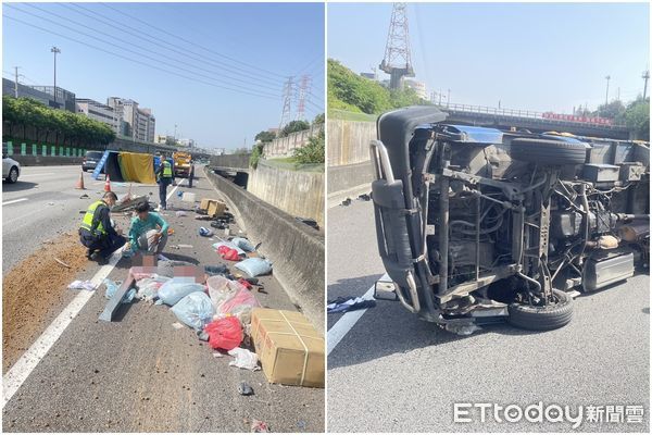 ▲國一北上95k處16日下午發生車禍,一輛貨車因不明原因翻覆,傷者躺路邊待救援。(圖/民眾提供)