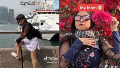 她模仿亞洲父母拍照姿勢「跟花合照、手扶東西」　網比對爸媽照片傻眼：全中