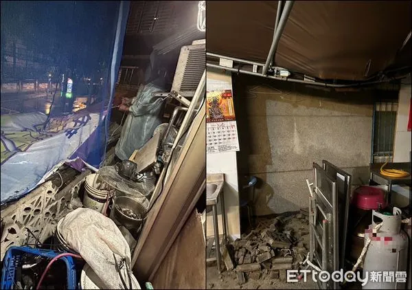 ▲▼新北土城1危老樓「驚傳外牆倒塌」(圖/消防局提供)