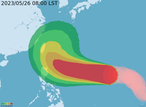 ▲▼瑪娃颱風5/26上午8時最新位置、路徑及侵襲機率預測。（圖／氣象局）