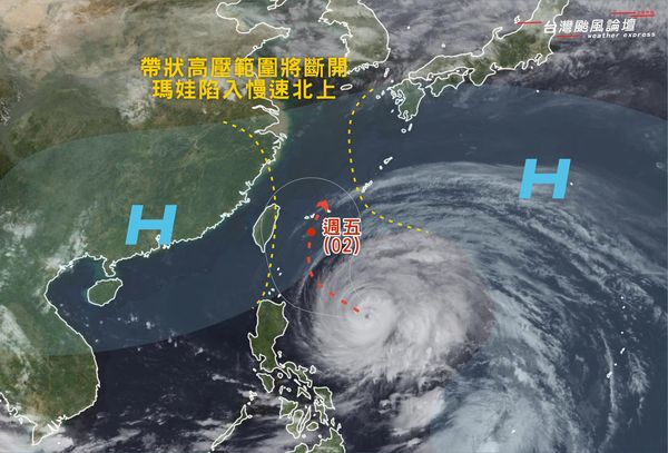 ▲▼瑪娃颱風周二(30日)抵台灣東南方時，相連高壓將斷開成兩股單體。（圖／台灣颱風論壇｜天氣特急）