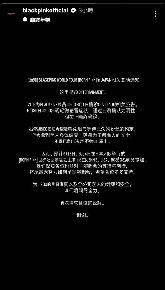▲YG公告Jisoo將缺席日本大阪演唱會。（圖／翻攝自Instagram／blackpinkofficial）
