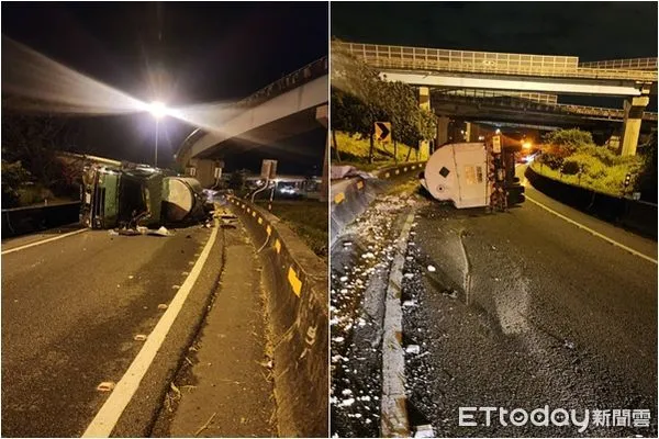▲▼國道1號南向台中系統出口槽車翻覆。(圖/民眾提供)