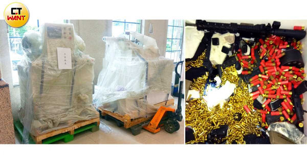 不法分子在注塑機中夾藏109把制式長短槍和逾1萬2000發子彈,倘若進入台灣恐將造成無法挽回的後果。(圖/讀者提供,CTWANT合成)