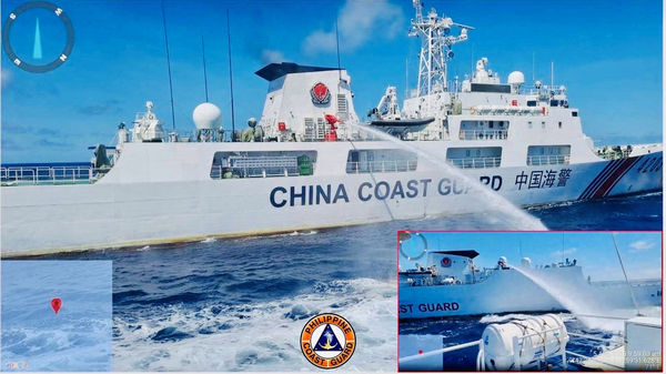 ▲▼菲律賓指控中國海警在菲律賓海警船隻向駐南海仁愛礁執行補給任務時使用水砲攻擊。（圖／路透）