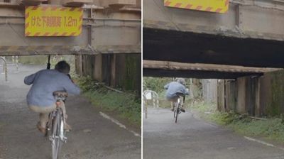 男子騎單車「經限高1.2m橋梁」　半蹲閃避飛過網狂讚：像拍動作片