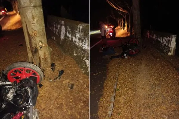 ▲林男12日晚間騎乘重機行經「死亡彎道」過彎時失控撞路樹頭顱破裂,送醫搶救性命垂危,機車幾乎全毀。。(圖/翻攝自翻攝自Facebook/彰化人大小事)