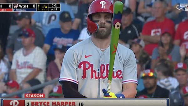 ▲費城人球星哈波(Bryce Harper)的球棒以吉祥物費納寶構思。(圖/取自推特)