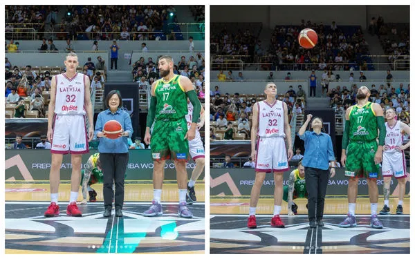 ▲▼蔡英文站在2位超過200公分的球員中間開球,被網友直呼最萌身高差。(圖/翻攝自instagram/tsai_ingwen)