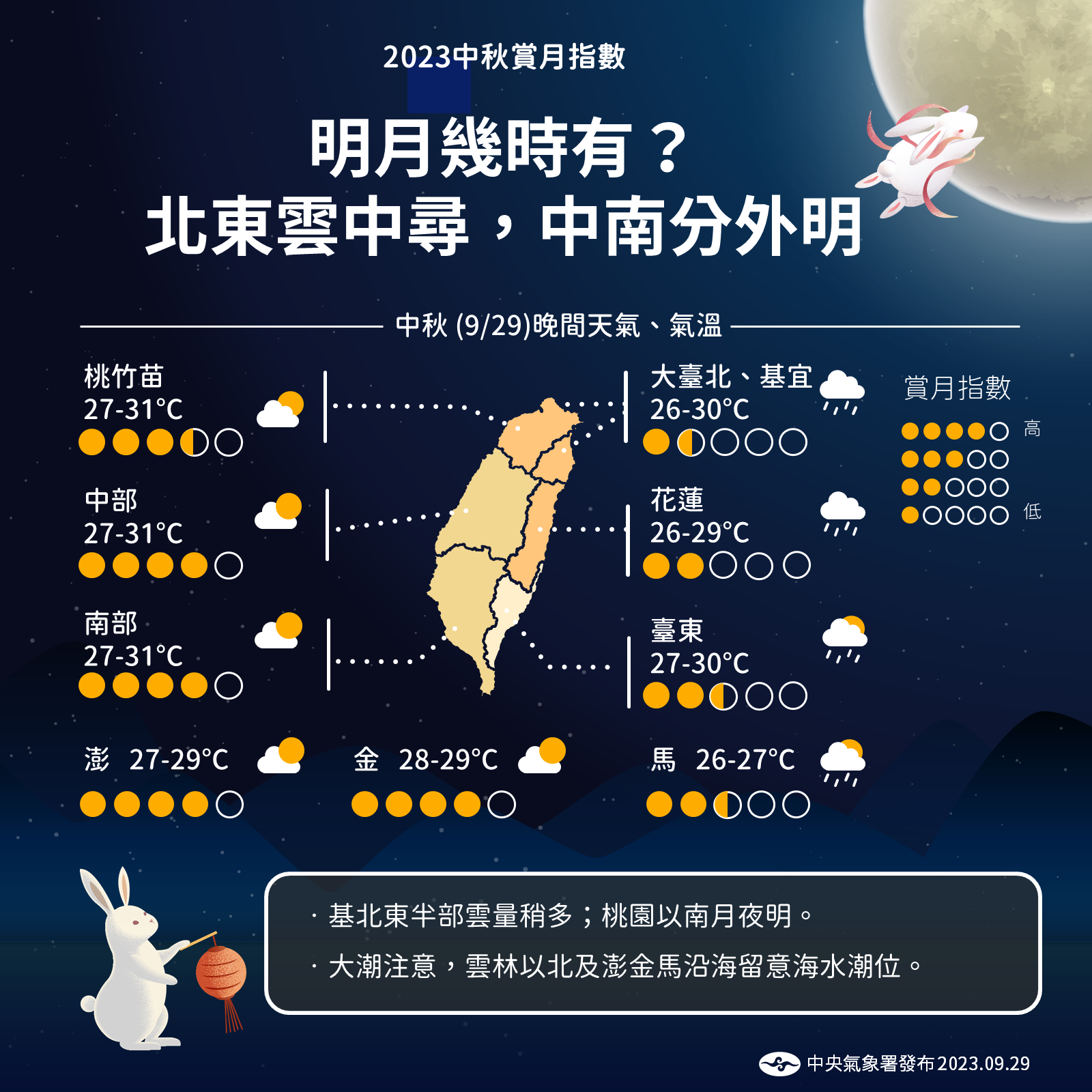 ▲▼各地賞月指數和未來一周天氣。（圖／氣象署）