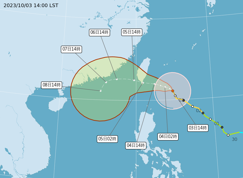 ▲▼氣象署14:30持續針對小犬颱風發布陸上警報，警戒範圍新增高雄市。（圖／氣象署）