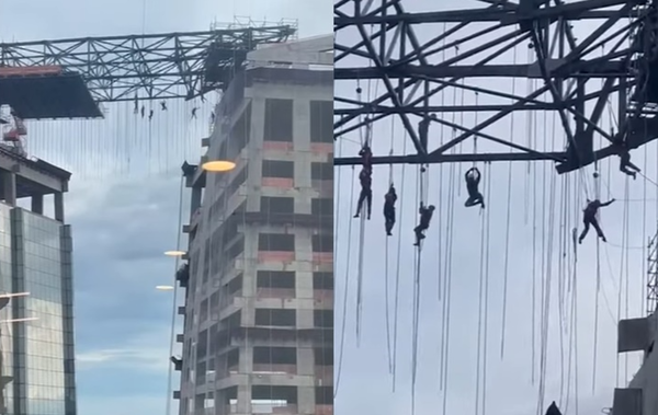 建築結構突然倒塌1人死亡　8工人懸掛在「140m高空」掙扎畫面曝光。圖／翻攝自YouTube）