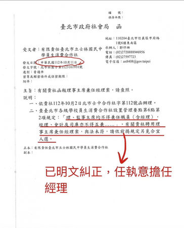 今年10月社會局糾正士林國中,認為學務主任身兼合作社經理和理事主席「於法未符」。(圖/民眾提供)