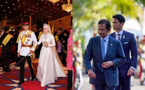 汶萊蘇丹(右圖)排行全球最有錢的王室第二,寵愛的兒子阿布杜馬丁(左圖左)近日終結黃金單身漢生活。(翻攝IG@tmski)