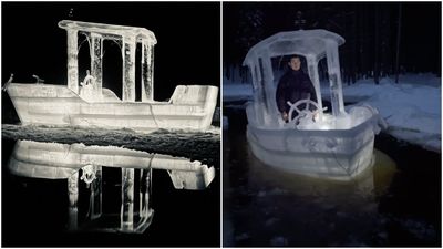 俄羅斯男「手造冰船」！放進水裡真能航行　網驚：以為只會停岸上