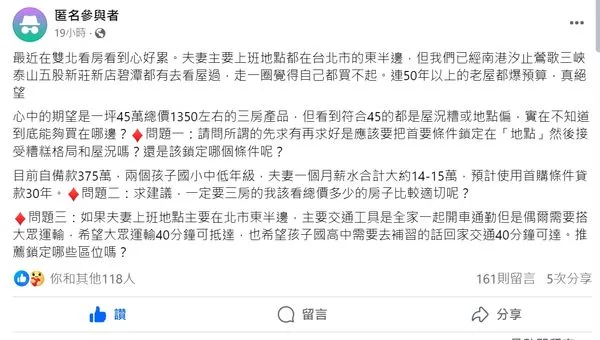 ▲▼近期一對月入14~15萬的夫妻,但在網路上抱怨雙北買不到3房產品。(圖/翻攝自臉書社團)