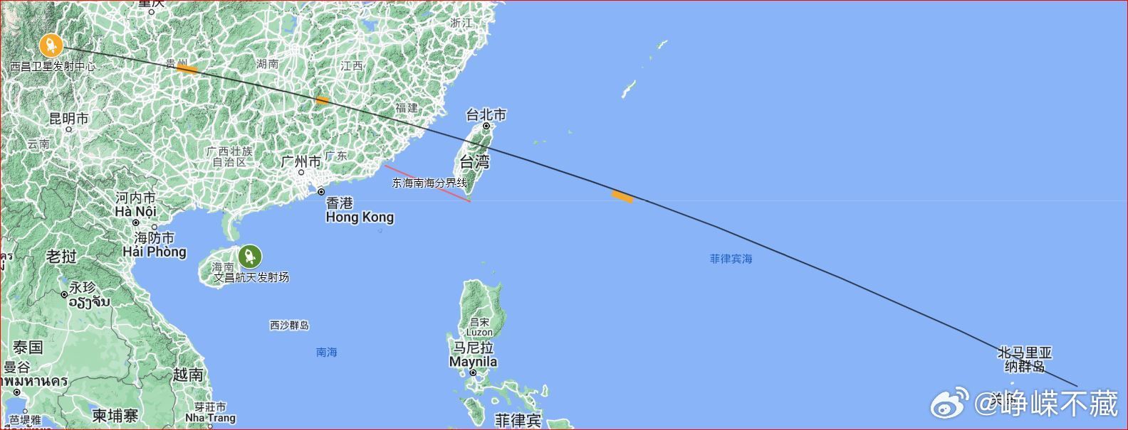 ▲▼網友分享火箭預測軌跡，有可能將越過台灣本島。（圖／翻攝微博／崢嶸不藏）