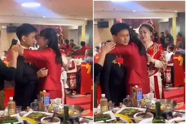 岳母在婚禮上緊抱新郎,如膠似漆!新娘在旁好著急。(翻自X平台)