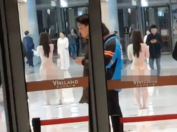 ▲▼陸掀起裸奔潮!白皙長髮妹「雙手遮臉」漫步百貨公司。(圖/翻攝微博)