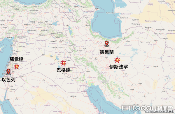 伊朗地圖▲▼伊朗中部城市伊斯法罕（Isfahan）19日凌晨遭以色列襲擊，包含敘利亞、伊拉克境內也傳出爆炸聲。（ETtoday製圖／記者張寧倢）