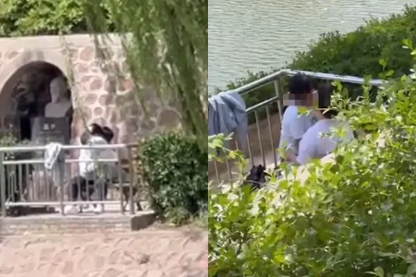 ▲▼小情侶「孟子像旁」跨坐激戰。(圖/翻攝自X)