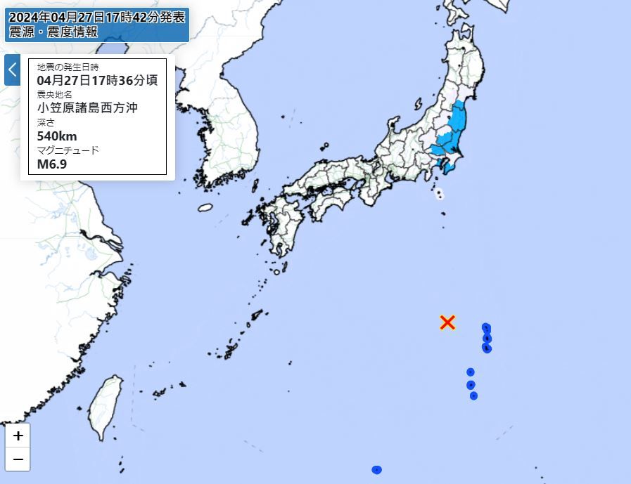 ▲▼快訊／日本外海規模6.9地震！東京有感　最大震度3。（圖／日本氣象廳）