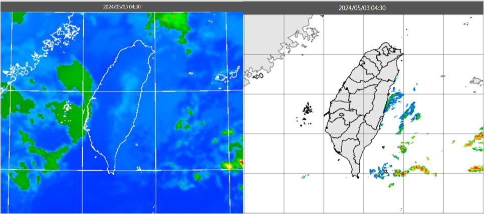 ▲▼今(3日)晨4：30紅外線色調強化雲圖顯示，台灣上空雲層鬆散(左圖)。4：30時雷達回波合成圖顯示，東半部有零星降水回波(右圖)。（圖／三立準氣象.老大洩天機）