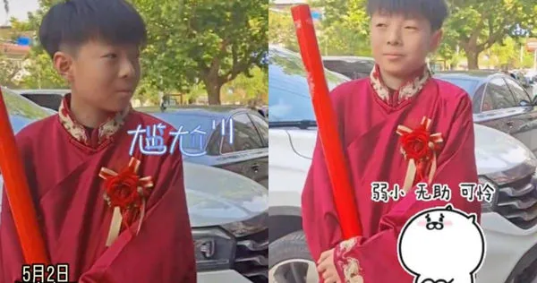 一名14歲少年當伴郎時,意外發現自己的班級導師竟是伴娘。(圖/翻攝自微博/新浪河南)