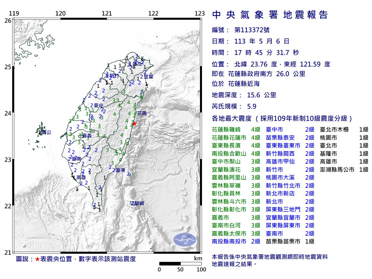 快訊/17:45花蓮近海規模5.9「極淺層地震」 最大震度4級
