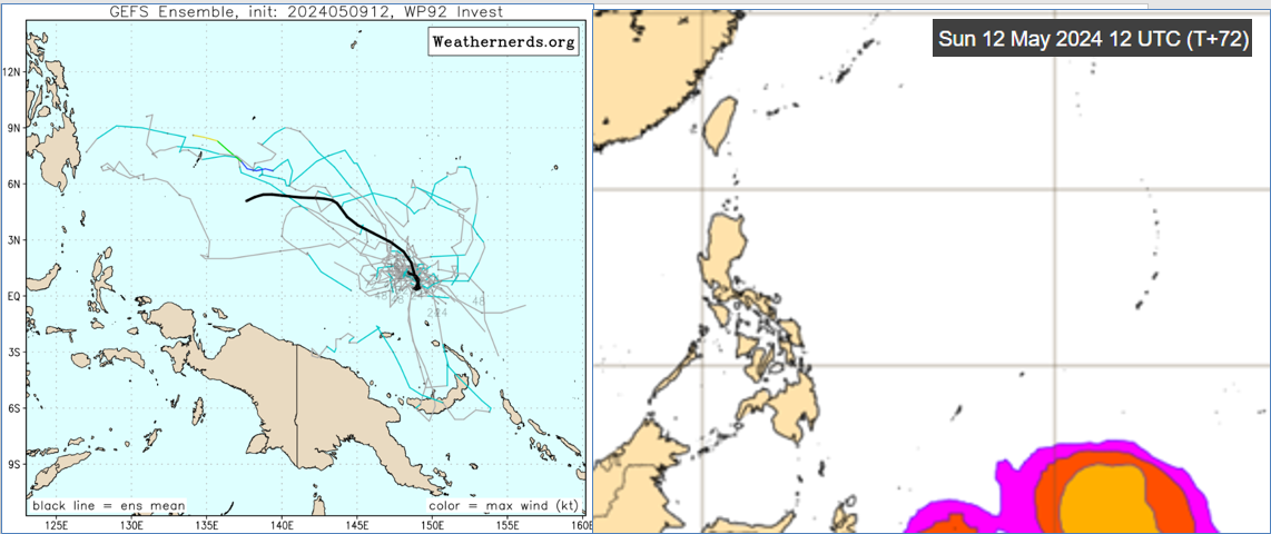 ▲▼最新(9日20時)美國系集模式(GEFS)模擬圖顯示，下週菲律賓東方海面有「熱帶擾動」發展，但機率有降低的跡象(左圖)。最新歐洲(ECMWF)系集模式12日20時模擬圖(右圖)亦顯示，「熱帶擾動」的發展機率亦有類似的調整。（圖／三立準氣象.老大洩天機）