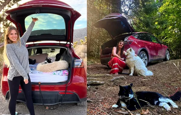 女辭職帶2毛孩「一起住特斯拉」旅行 每月比租房省6萬元。(圖/翻攝自Instagram/littlehippygal)
