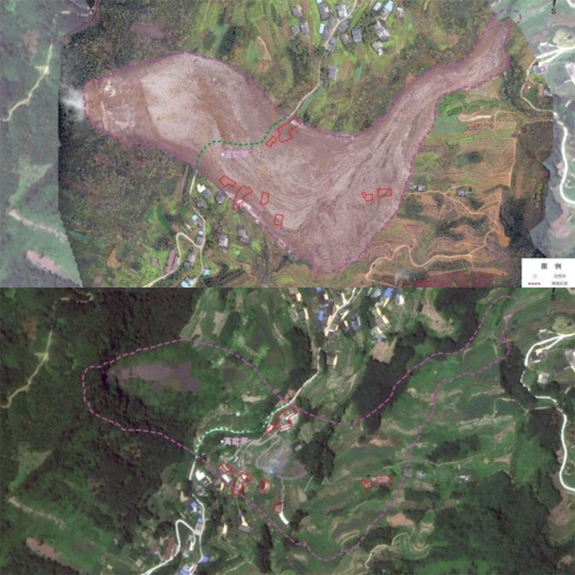 ▲四川宜賓「走山」現場前後對比圖。(圖/翻攝央視)
