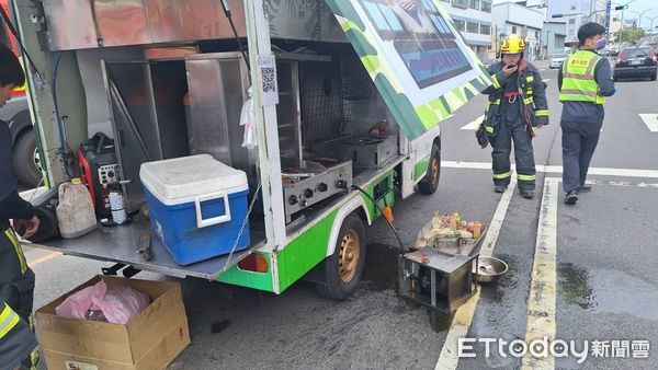 ▲沙威瑪餐車「鷗翼式車廂」內部悶燒 他拿滅火器帥氣打火。(圖/記者許權毅翻攝)