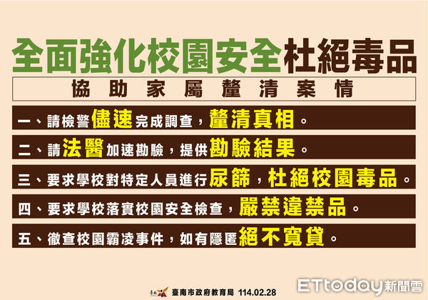▲台南市教育局表示,雖然兩位疑似行為人初步排除涉毒,但教育局後續仍會要求學校擴大清查對象,讓親師生都能安心。(圖/記者林東良翻攝,下同)