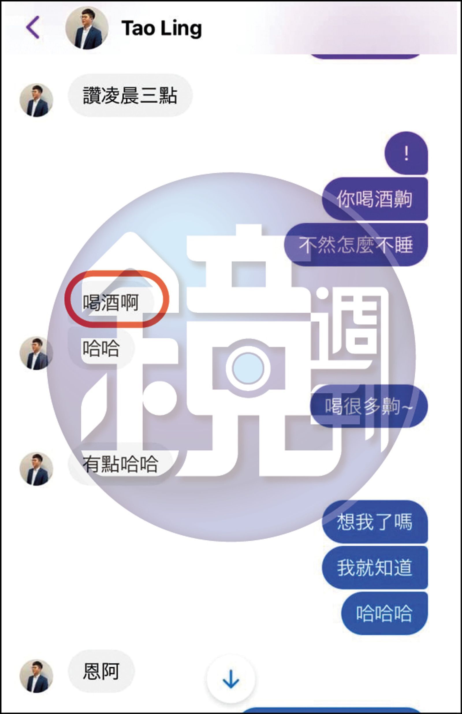 凌濤酒後以「那邊、嘿嘿」暗示F回傳私密照,還以「我也給你看」想說服對方。(當事人提供)