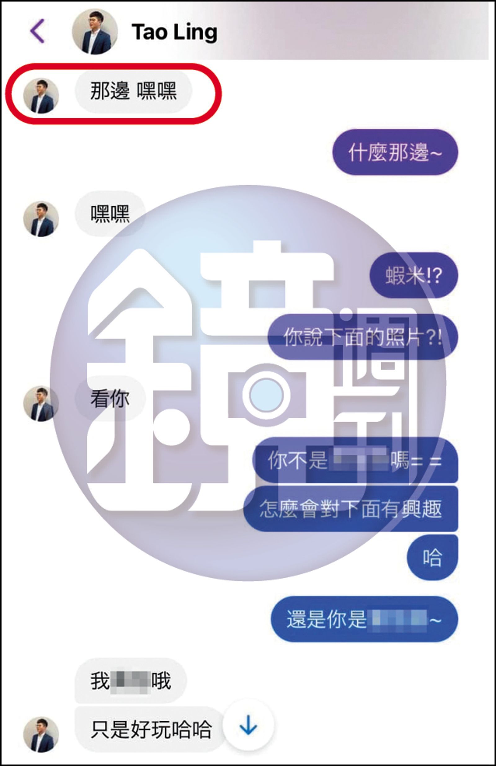 凌濤酒後以「那邊、嘿嘿」暗示F回傳私密照,還以「我也給你看」想說服對方。(當事人提供)