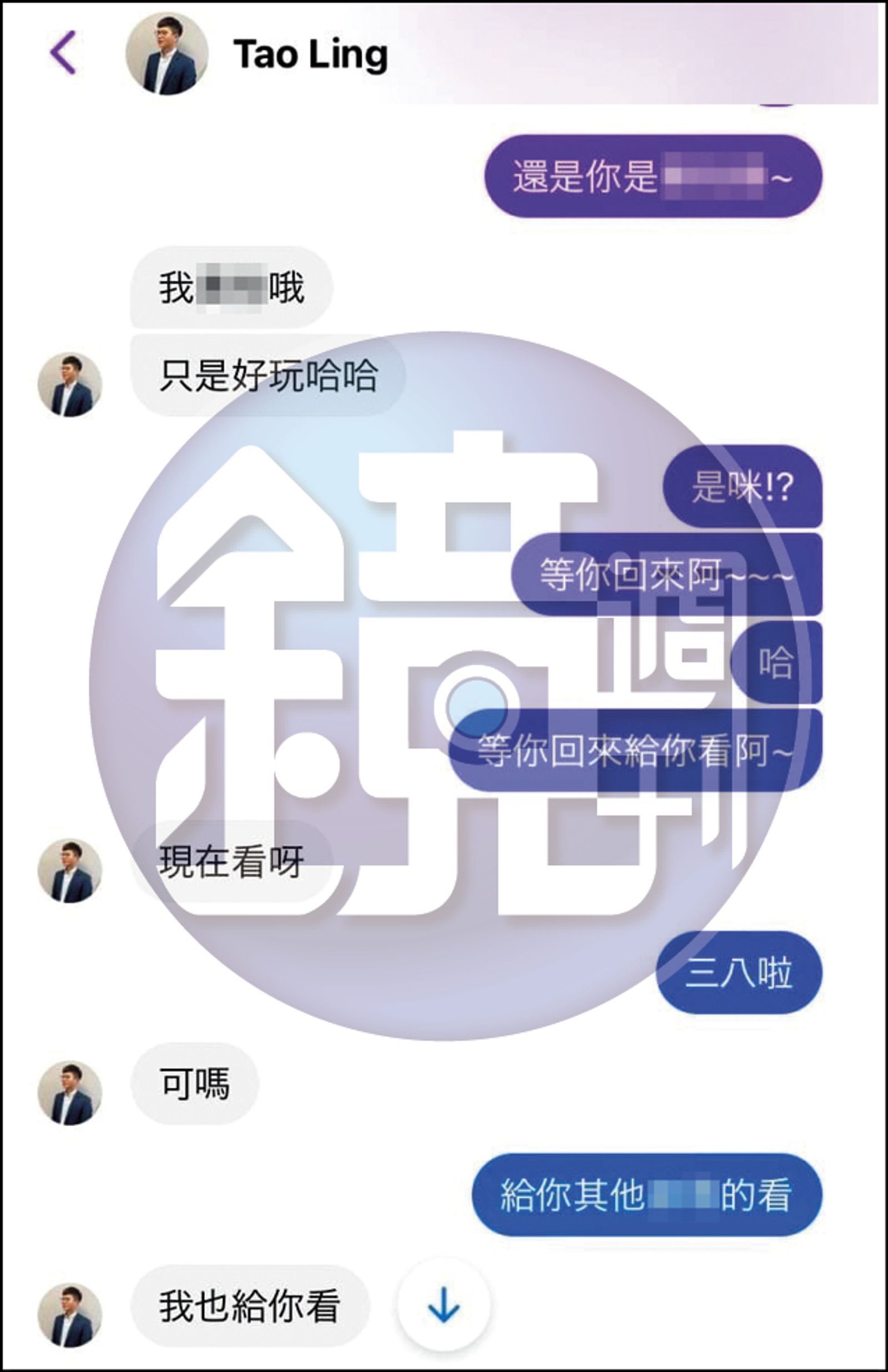 凌濤酒後以「那邊、嘿嘿」暗示F回傳私密照,還以「我也給你看」想說服對方。(當事人提供)