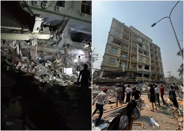 ▲▼緬甸強震11層大樓剩下地面7層,搶救困難。(圖/翻攝自Facebook/Khit Thit Media)
