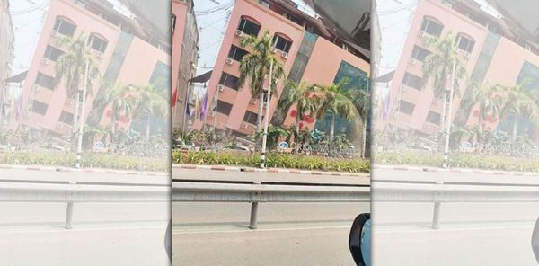 一名台灣婦人到緬甸旅遊,不巧碰上強震,被困在飯店瓦礫堆下。(緬甸台商提供)