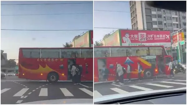 竹北校車「綠燈馬路口」開車門載學生。(翻攝臉書社團「竹北大小事」)