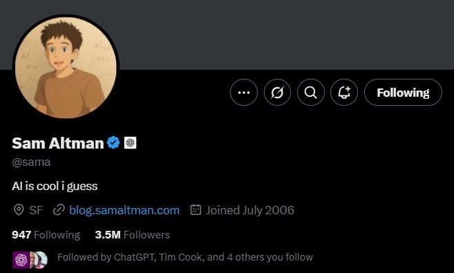 ▲▼Sam Altman也將吉卜力風格的圖片設定為自己X帳號的頭像。(圖/X@sama)