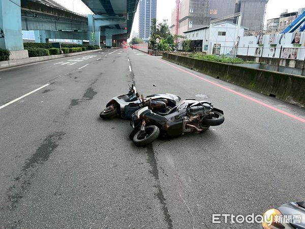 ▲▼2名張姓機車騎士撞在一起,造成身上多處擦挫傷,警方要調查機車排氣管的車主 。(圖/記者陳以昇翻攝)