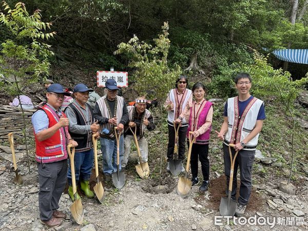 ▲部落耆老與南投分署代表於部落入口共同種下臺灣櫸大苗。(圖/林業保育署南投分署提供)