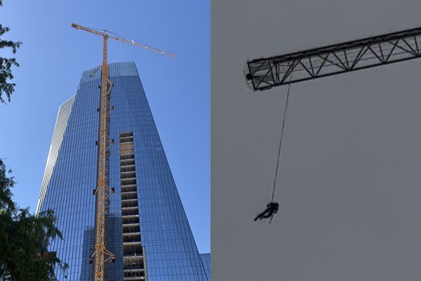 ▲▼美國一名男子被目擊在共和國廣場附近一座摩天大樓的起重機吊臂上「盪鞦韆」。(組圖/翻攝自X)